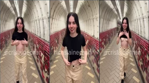 Crislaine Chan sem roupa, mostrando as teta naturais no metrô