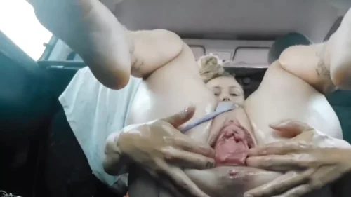 Gostosa se satisfaz dentro do carro, brincando com a mão e tocando sua xoxota
