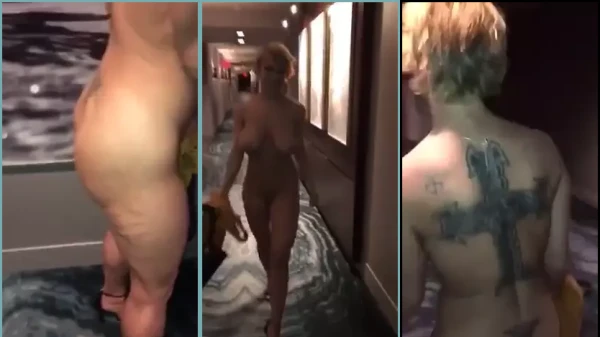 Esposa ousada e exibida desfilando nua pelo corredor do hotel